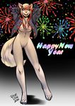  anthro breasts canine doedog female fireworks mammal nipples open_jacket pussy pussy_juice solo standing thigh_gap wide_hips 