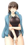  amagami black_eyes black_hair blush breasts competition_swimsuit crossed_arms jacket jacket_on_shoulders large_breasts one-piece_swimsuit open_mouth ponytail sasaki_akira_(ugc) simple_background smile solo swimsuit tsukahara_hibiki white_background 