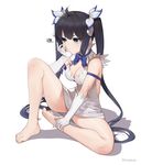  annoyed bare_legs bare_shoulders barefoot black_hair blue_eyes blue_ribbon breasts chin_rest cleavage cleavage_cutout commentary dress dungeon_ni_deai_wo_motomeru_no_wa_machigatteiru_darou_ka full_body gloves hair_ornament hestia_(danmachi) highres hitoto leg_up long_hair medium_breasts panties pantyshot pantyshot_(sitting) pout rei_no_himo ribbon short_dress simple_background sitting solo spread_legs thighs twintails underwear very_long_hair white_background white_dress white_gloves white_panties 