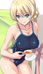  black_tea blonde_hair breasts cleavage collarbone commentary_request competition_swimsuit cup darjeeling double_bun girls_und_panzer green_eyes highleg highleg_swimsuit highres large_breasts nenchi one-piece_swimsuit saucer sitting solo swimsuit tea teacup 