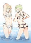  2boys ass ass_cutout bare_shoulders bikini blonde_hair bulge closed_eyes dated embarrassed green_hair hair_over_one_eye halter_top halterneck higekiri_(touken_ranbu) hizamaru_(touken_ranbu) looking_back looking_down male_focus multiple_boys navel side-tie_bikini soul_(tamashii) sparkle star_cutout stretch sweatdrop swimsuit touken_ranbu twitter_username wading water 