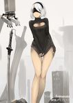  2016 bare_legs blindfold breasts cleavage clothes_pull commentary_request covering covering_crotch hairband highres long_legs medium_breasts meme_attire moebaka mole mole_under_mouth nier_(series) nier_automata open-chest_sweater pod_(nier_automata) ruins short_hair sketch standing sweater sword weapon white_hair yorha_no._2_type_b 