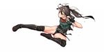  boots brown_eyes brown_hair ckln commentary commentary_request fingerless_gloves flying_kick full_body gloves groin_tendon kantai_collection kicking long_hair muscle partial_commentary pelvic_curtain remodel_(kantai_collection) solo thigh_boots thighhighs thighs tone_(kantai_collection) twintails 