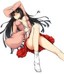  :/ black_eyes black_hair breasts cleavage hime_cut houraisan_kaguya itoucon long_hair looking_at_viewer lying medium_breasts on_back open_clothes skirt socks solo thighs touhou white_background wide_sleeves 