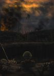  blood blood_stain bloody_clothes blurry bunker cloud commentary dark depth_of_field fire grass helmet highres korean_war looking_afar military military_uniform night original radio radio_antenna sandbag shell_casing sky smoke soldier tantu_(tc1995) uniform war 