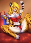  2016 anthro blonde_hair candy candy_cane cheetah clothed clothing doomthewolf feline female food gift hair hi_res long_hair looking_at_viewer mammal patreon solo spread_legs spreading 