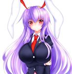  animal_ears blazer blouse blush breast_hold breasts bunny_ears bunny_tail highres huge_breasts jacket kou_(inaba) lavender_hair long_hair looking_at_viewer necktie purple_hair red_eyes red_neckwear reisen_udongein_inaba shirt simple_background solo tail touhou very_long_hair white_background 