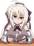  1boy 1girl blush breasts cum cum_on_breasts facial large_breasts lyrical_nanoha marupuni paizuri penis purple_eyes rinne_berlinetta vivid_strike! white_hair 