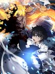  battle black_hair blue_eyes clenched_hand dark_skin dark_skinned_male duel fate/grand_order fate_(series) fujimaru_ritsuka_(male) goetia_(fate/grand_order) injury long_hair male_focus multiple_boys orange_hair shield spoilers torn_clothes tsuedzu 