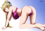  absurdres all_fours ass barefoot blonde_hair bra diadem eyebrows_visible_through_hair full_body highres horns long_hair looking_at_viewer lucifer_(the_seven_deadly_sins) official_art panties ponytail purple_bra purple_panties red_eyes shiny shiny_skin smile solo taketani_teppei the_seven_deadly_sins underwear underwear_only 