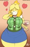  &lt;3 animal_crossing anthro belly big_breasts blush breasts canine clothed clothing dessert dog eating eyes_closed female food fur ice_cream isabelle_(animal_crossing) mammal nekocrispy nintendo shirt skirt slightly_chubby solo spoon sundae video_games wide_hips yellow_fur 