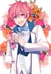  ashu_yuuta b-project bow bowtie fang flower freckles hair_flower hair_ornament highres male_focus open_mouth pink_eyes pink_hair rukito smile solo 