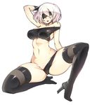  arm_behind_back bare_shoulders black_bra black_legwear black_panties blindfold boots bra breasts cleavage full_body gloves high_heel_boots high_heels highres large_breasts navel nier_(series) nier_automata off_shoulder open_mouth panties short_hair silver_hair slugbox solo stomach thigh_boots thighhighs underwear white_background white_hair yorha_no._2_type_b 