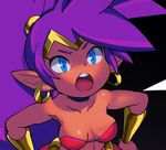 &gt;:o 1girl armpits blue_eyes breasts brekkist choker cleavage collarbone cropped dark_skin hair_ornament hand_on_hips navel open_mouth pointy_ears ponytail purple_hair shantae shantae_(character) shantae_(series) solo source_request stomach teeth upper_body vambraces 