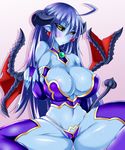  astaroth big_breasts black_sclera blue_hair blue_skin blush breasts clothed clothing demon ear_piercing elbow_gloves female gloves hair horn humanoid long_hair membranous_wings nipples not_furry piercing pointy_ears shinrabanshou shiriya_botamochi skimpy solo spade_tail spread_legs spreading succubus sweat thigh-highs wet wings yellow_eyes 