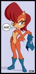  anthro blue_eyes boots breasts brown_fur chadthecartoonnut chipmunk clothing featureless_breasts featureless_crotch female footwear fur hair holding_object jacket looking_at_viewer mammal nude red_hair rodent sally_acorn solo sonic_(series) standing undressed 