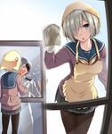  1girl :o admiral_(kantai_collection) against_glass anger_vein angry apron blue_skirt breasts cleaning clenched_hand comic commentary_request dripping eyes_visible_through_hair gloves hair_over_one_eye hamakaze_(kantai_collection) hat head_scarf head_tilt heart heart_eyes kantai_collection long_sleeves medium_breasts military military_uniform miniskirt naval_uniform neckerchief nironiro open_mouth pants pantyhose peaked_cap pleated_skirt sailor_collar short_hair skirt uniform water white_gloves white_hat white_pants window yellow_apron yellow_neckwear 