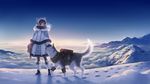  above_clouds animal animal_ears arm_at_side backlighting bad_id bad_pixiv_id bag bangs black_footwear black_gloves black_legwear blue blue_sky blush boots breath brown_hair capelet cat_ears closed_eyes clothed_animal cloud cold covered_mouth cross-laced_footwear dog dress earmuffs eyebrows_visible_through_hair fake_animal_ears footprints fur_trim gloves green_eyes hat hat_with_ears leg_warmers legs_apart long_hair long_sleeves looking_at_viewer megumu mountain original outdoors pantyhose petting pom_pom_(clothes) shadow shoulder_bag sky snow standing tassel twilight winter_clothes 