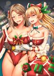  :d bare_shoulders black_gloves blonde_hair blush box breasts brown_hair cameltoe christmas_tree cleavage eburi_a elbow_gloves gift gift_box gloves granblue_fantasy groin highres holly huge_breasts katalina_aryze long_hair multiple_girls navel open_mouth red_eyes smile thigh_gap vira_lilie white_gloves 