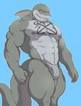  2014 abs anthro barley_(ralarare) biceps big_muscles big_tail biped blue_background blue_eyes clothed clothing digital_media_(artwork) dorsal_fin fin fish fishnet flaccid front_view grey_nipples grey_penis grey_skin grey_tail hi_res knuxlight long_tail looking_at_viewer male marine muscular muscular_male nipples pecs penis portrait shark sharp_teeth simple_background solo standing tattoo teeth thick_tail three-quarter_portrait topless 