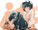  artist_request bare_feet blush bukkake censored cum cum_on_lower_body cum_on_upper_body dress_shirt ejaculation feet footjob futanari goggles green_eyes green_hair hat highres kino kino_no_tabi nipples open_clothes open_mouth open_shirt pants ribs short_hair sitting small_breasts sweat tomboy 