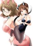  alternate_costume animal_ears armpit_peek bare_shoulders black_leotard breasts brown_eyes bunny_ears bunny_girl bunny_tail bunnysuit cat_ears cat_tail cleavage commentary_request detached_collar fake_animal_ears fake_tail fishnet_pantyhose fishnets glasses head_tilt ishizu_kayu karasuma_sakura kin-iro_mosaic kittysuit kuzehashi_akari leotard long_hair medium_breasts multiple_girls pantyhose red_leotard scrunchie short_hair side_ponytail tail wrist_cuffs 