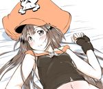  bed_sheet blush breasts brown_eyes brown_hair fingerless_gloves gloves guilty_gear guilty_gear_xrd hat long_hair looking_at_viewer lying may_(guilty_gear) midriff navel on_back orange_hat pirate_hat ponkotsu sailor_collar small_breasts solo sweatdrop 