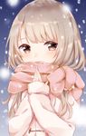  bangs blush close-up coat commentary covered_mouth duffel_coat enpera half-closed_eyes hands_on_own_chest highres light_brown_hair long_hair looking_to_the_side manatsuki_manata original pink_scarf scarf snow solo upper_body 