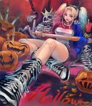  bad_id bad_pixiv_id baseball_bat batman_(series) belt blonde_hair blue_eyes blue_hair boots bracelet breasts choker cross-laced_footwear dc_comics demon_horns fake_horns halloween harley_quinn highres hira_(pixiv422561) horns jewelry lace-up_boots large_breasts lipstick long_hair looking_at_viewer makeup middle_finger multicolored_hair shorts sitting skeleton solo spiked_bracelet spikes studded_belt suicide_squad twintails 