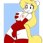  2016 animaniacs anthro areola big_breasts black_eyes blonde_hair border breasts clothed clothing elbow_gloves eyelashes female fingering gloves hair hand_on_breast hi_res kloudmutt legwear long_hair mammal masturbation minerva_mink mink mustelid nipples simple_background solo thigh_highs white_border 