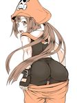  ass bike_shorts bike_shorts_under_shorts black_gloves bob_cut brown_eyes brown_hair cameltoe cowboy_shot fingerless_gloves from_behind gloves guilty_gear guilty_gear_xrd hat long_hair looking_at_viewer looking_back may_(guilty_gear) pirate_hat ponkotsu pulled_by_self sailor_collar short_hair_with_long_locks shorts shorts_pull solo sports_bra white_background 