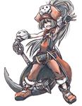  absurdres anchor boots brown_eyes brown_hair culottes fingerless_gloves flat_chest full_body gloves guilty_gear hat high_ponytail highres huge_weapon kamei_(kameikai1) long_hair may_(guilty_gear) orange_hat orange_shirt outstretched_arm pirate_hat shirt skull_and_crossbones smile solo weapon 