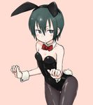  00s 1girl artist_request blue_eyes blush bowtie bunny_ears bunny_tail cleavage collar cuffs green_hair hairband kino kino_no_tabi leotard pantyhose playboy_bunny short_hair simple_background small_breasts solo tomboy 