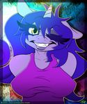  amber_eyes amethyst_sniper anthro blue_hair breasts clothing equine female friendship_is_magic grin hair hi_res horn horse humanoid lipstick long_eyelashes long_hair looking_at_viewer makeup mammal my_little_pony one_eye_closed patreon pony portrait safe solo standing teeth unicorn vrabo wink 