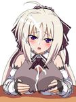  1boy 1girl blush breasts cum cum_on_breasts facial large_breasts lyrical_nanoha marupuni paizuri penis purple_eyes rinne_berlinetta vivid_strike! white_hair 