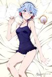  absurdres akitsuki_fuuka bangs bare_shoulders blue_eyes blue_hair blush breasts cable camisole closed_mouth eyebrows_visible_through_hair frills from_above fuuka hair_between_eyes halterneck hand_up head_tilt headphones highres legs_together light_smile looking_at_viewer lying maeda_kyousuke media_player megami no_pants official_art on_back on_bed panties paper scan short_hair small_breasts smile solo underwear white_panties 