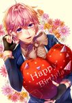  ashu_yuuta b-project fangs fingerless_gloves flower freckles gloves happy_birthday highres male_focus open_mouth pink_hair purple_eyes rukito smile solo 