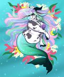  anthro big_breasts bovine breasts cattle colorful cupcakecreature eyes_closed female fish_tail hair hybrid jewelry long_hair mammal marine merfolk multicolored_hair navel necklace pearl_necklace seashell_bra shell slightly_chubby smile solo underwater water 