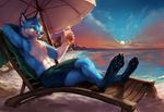  2016 4_toes abs anthro black_nose blue_fur canine clothed clothing day detailed_background digitigrade fox fur holding_object lying male mammal outside pawpads rhyu sky smile solo sun toes topless water yellow_eyes 
