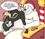  age_difference anthro balls bear blush candy candy_cane christmas circumcised cum cum_string dialogue english_text erection food grin hat holidays improvised_dildo improvised_sex_toy leg_grab male mammal moobs morhlis mostly_nude nude on_top on_top_of open_mouth overweight overweight_male partially_retracted_foreskin penis polar_bear reclining santa_hat signature size_difference skunk speech_bubble straddling text uncut 