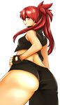  1girl artist_request ass asymmetrical_clothes bare_shoulders blazing_heart_(elsword) blush breasts elesis_(elsword) elsword fingerless_gloves from_behind gloves grin long_hair looking_at_viewer orange_eyes parted_lips ponytail red_hair shiny shiny_hair shiny_skin sideboob smile solo vest 