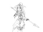  1girl blood camel_(dansen) clenched_teeth female injury monochrome one_breast_out one_eye_closed original ponytail ryuhime solo spear torn_clothes weapon 