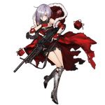  alternate_costume blush boots buckle cape cross-laced_footwear dress eyebrows fingerless_gloves full_body fur-trimmed_cape fur-trimmed_sleeves fur_trim gift girls_frontline gloves green_eyes grey_hair gun hair_between_eyes hair_over_one_eye hands_on_own_chest head_tilt high_heel_boots high_heels holding holding_gun holding_weapon hood hoodie infukun knee_boots knee_pads lace-up_boots looking_at_viewer machine_gun mg5 mg5_(girls_frontline) official_art red_gloves scarf short_hair short_sleeves solo torn_clothes torn_sleeves transparent_background trigger_discipline weapon 