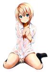  black_legwear blonde_hair blue_eyes blush breasts cleavage dress_shirt full_body hair_ornament hairclip large_breasts looking_at_viewer naked_shirt navel open_clothes open_shirt original ragho_no_erika see-through shirt short_hair simple_background sitting smile solo wariza wet wet_clothes white_background 