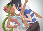  1girl barefoot baseball_cap bed_sheet black_hair blush closed_eyes dark_skin flower gradient gradient_background green_hair hair_flower hair_ornament hat hetero highres kiss lollipop_(9474083) mao_(pokemon) pokemon pokemon_(game) pokemon_sm shirt striped striped_shirt twintails you_(pokemon) z-ring 