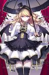  bat blonde_hair bloodline cross dress hat iotower long_hair looking_at_viewer opposing_sides panties pantyshot pointy_ears purple_eyes skirt solo standing sue_(bloodline) thighhighs umbrella underwear vampire 