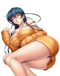 bare_shoulders blue_hair blush breasts cleavage closed_eyes commentary_request highres igawa_asagi kagami_hirotaka large_breasts long_hair off-shoulder_sweater off_shoulder panties simple_background sleeping solo sweater taimanin_(series) taimanin_asagi taimanin_asagi_zero underwear white_background 