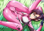  1girl arms_up ass bed black_hair blue_eyes breasts cameltoe glasses highres large_breasts legs legs_up long_hair looking_at_viewer lying makinami_mari_illustrious neon_genesis_evangelion on_back on_bed plugsuit red-framed_glasses smile solo thighs 