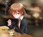  alcohol bar between_fingers blazer blurry brown_eyes brown_hair cigarette cigarette_box closed_mouth collared_shirt dated depth_of_field elbow_rest expressionless glasses hair_between_eyes jacket kantai_collection kasu_kazu looking_at_viewer namesake necktie open_blazer open_clothes open_jacket reflection school_uniform shiny shiny_hair shirt short_hair signature smoking solo translated wakaba_(kantai_collection) whiskey white_shirt 
