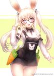  2016 ahoge animal_ears animal_print artist_name black-framed_eyewear black_ribbon blonde_hair blue_eyes blush bunny_ears bunny_print bunny_tail collared_shirt cowboy_shot english glasses hair_between_eyes hair_ribbon head_tilt highres long_hair long_sleeves number original overalls ribbon round_eyewear shal.e shirt sidelocks sleeves_past_wrists solo strap_slip suspenders tail themed_object thigh_gap twintails watermark white_shirt wing_collar 